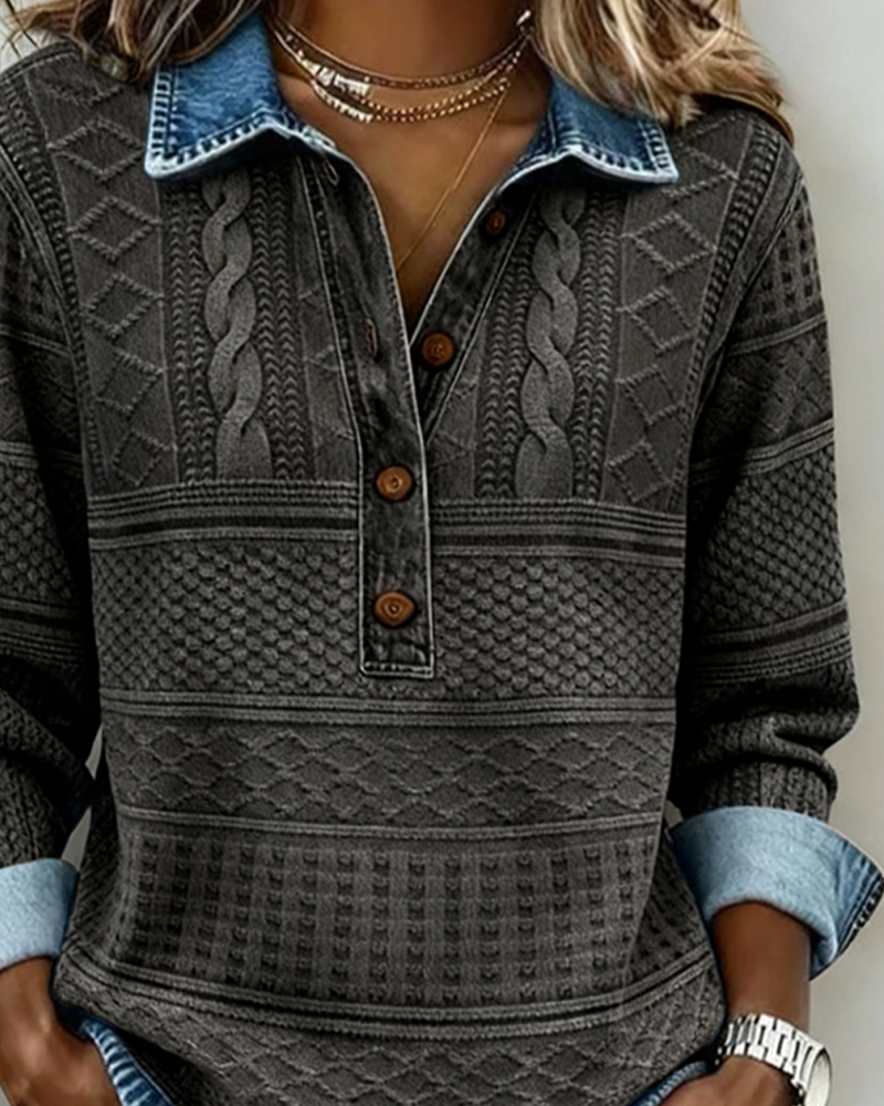 Melkorka | Felpa con Colletto in Denim e Mezzo Bottone