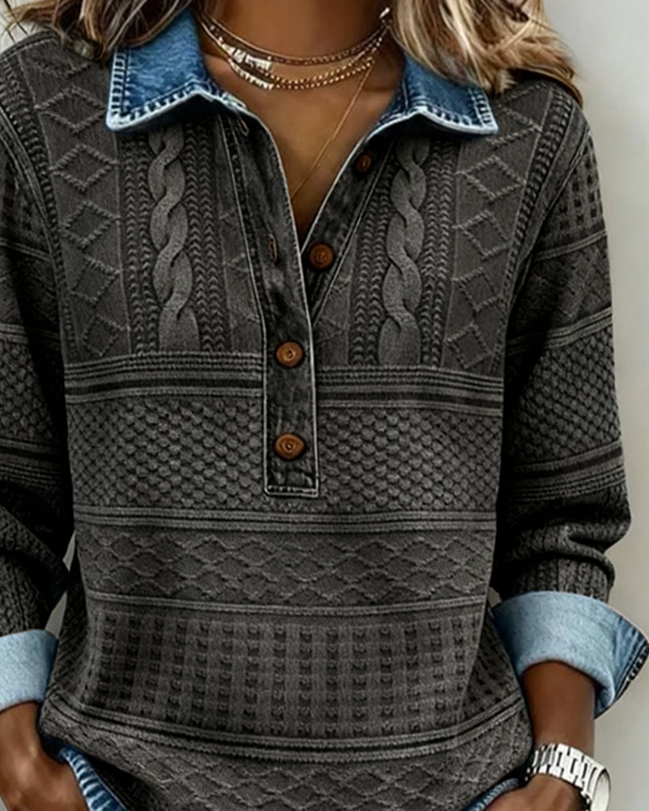 Melkorka | Felpa con Colletto in Denim e Mezzo Bottone