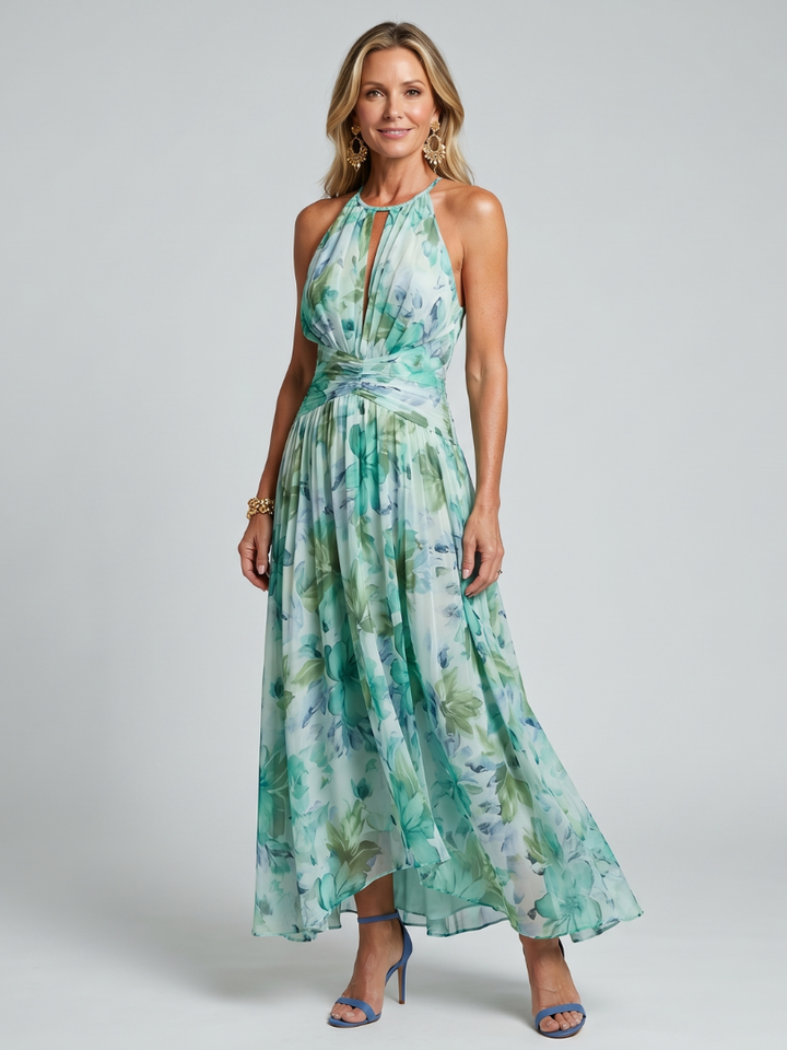 Abito Midi Portia in Crepe Plissé con Collo Halter e Stampa Floreale