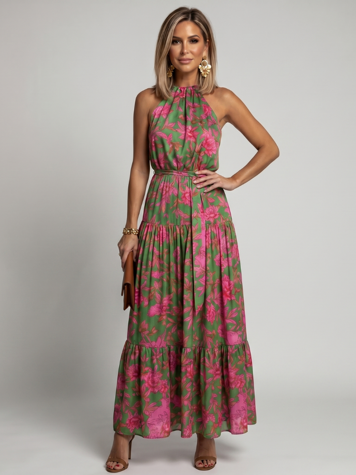 Abito midi drappeggiato in rosa con scollatura all&