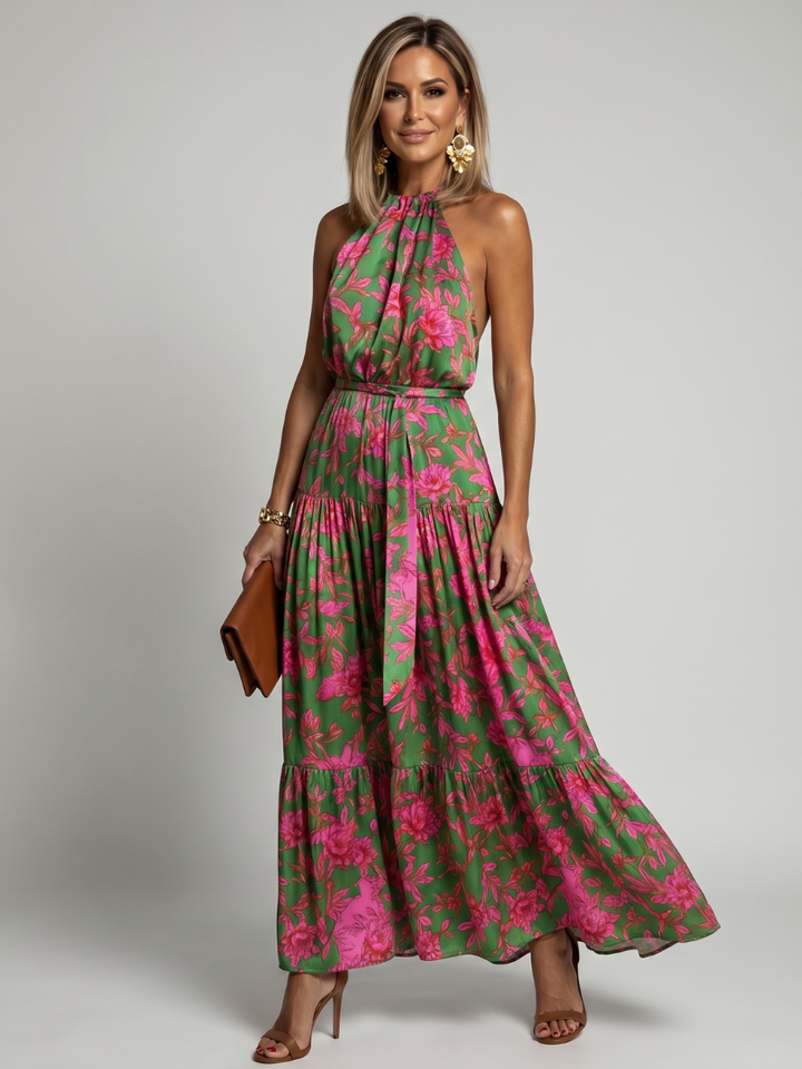 Abito midi drappeggiato in rosa con scollatura all&