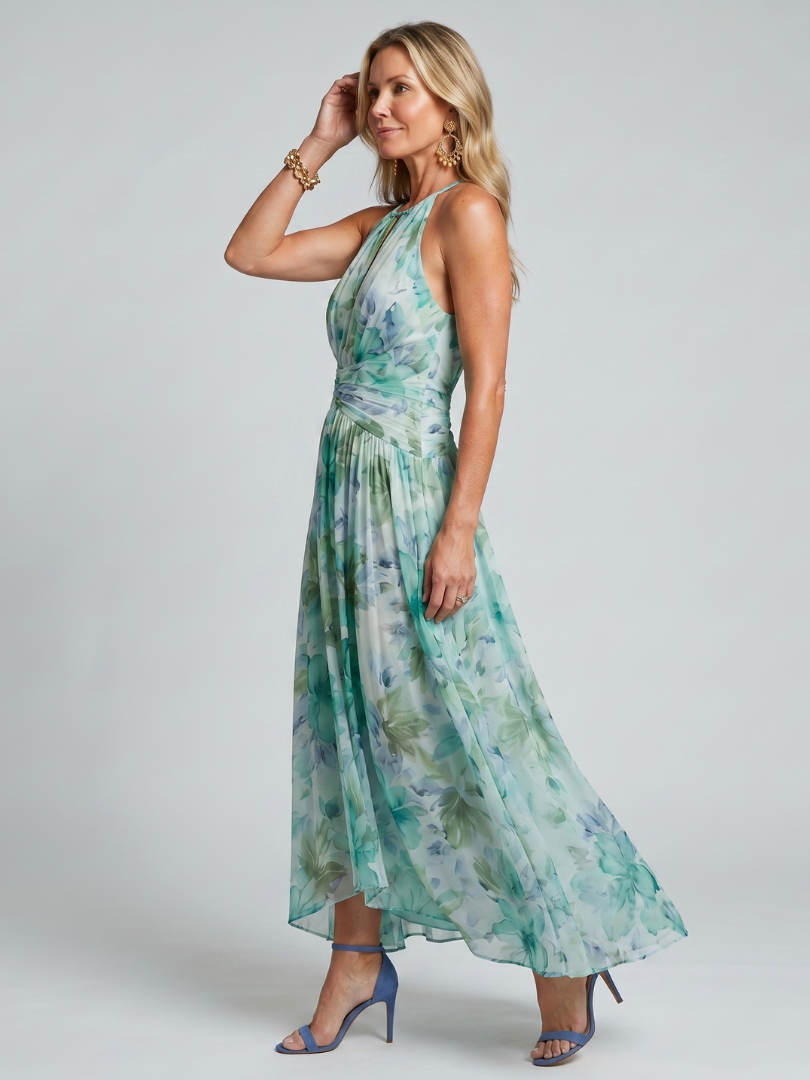 Abito Midi Portia in Crepe Plissé con Collo Halter e Stampa Floreale