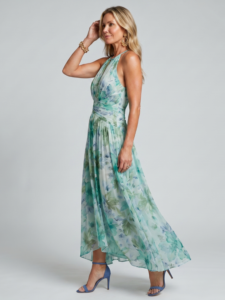 Abito Midi Portia in Crepe Plissé con Collo Halter e Stampa Floreale