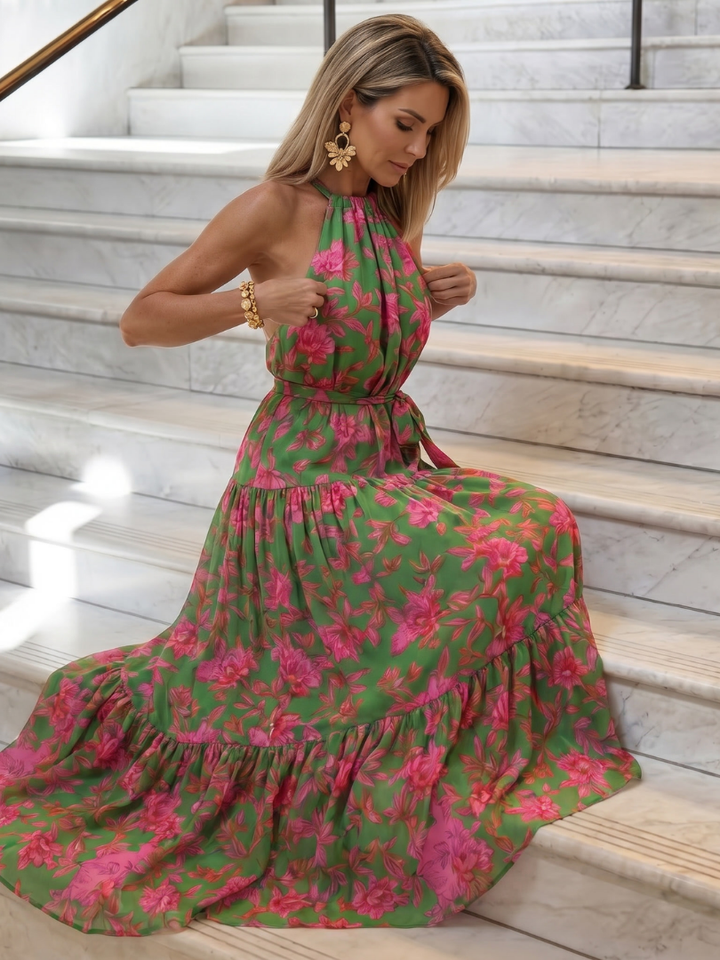 Abito midi drappeggiato in rosa con scollatura all&