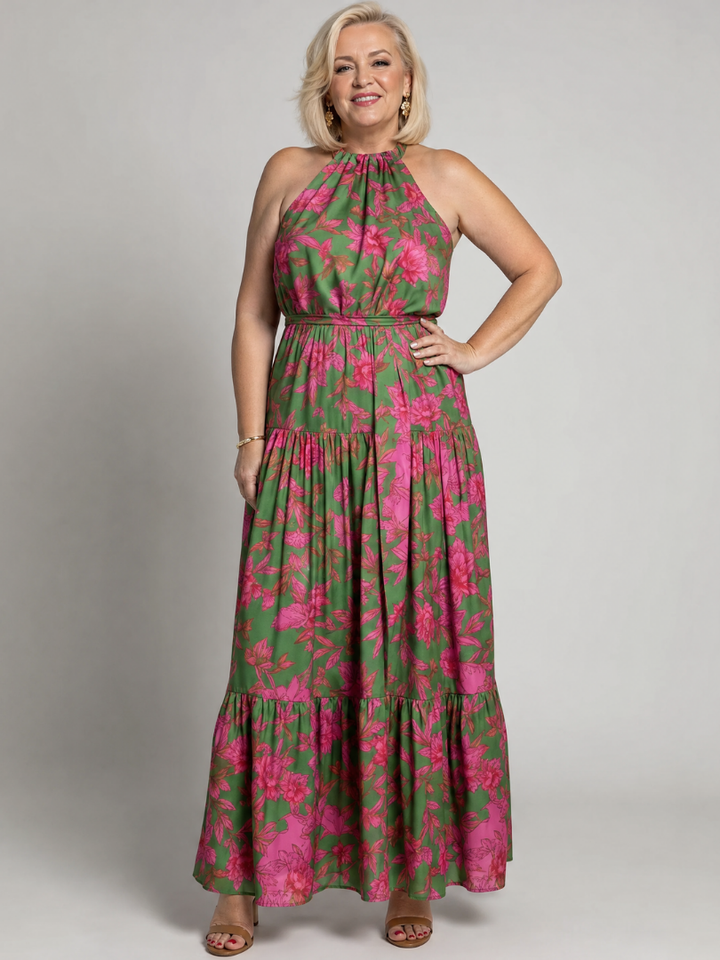 Abito midi drappeggiato in rosa con scollatura halter elegante