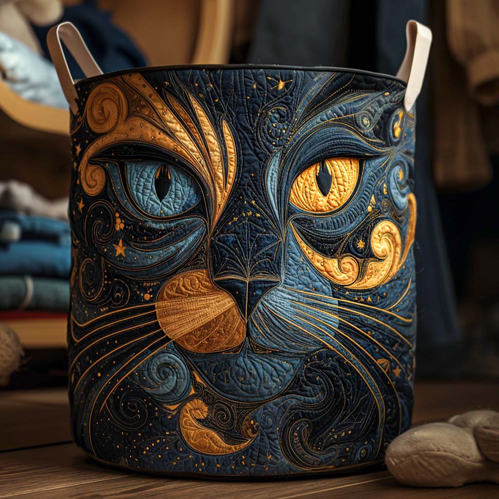 Cesto imbottito con gatto sotto un cielo stellato