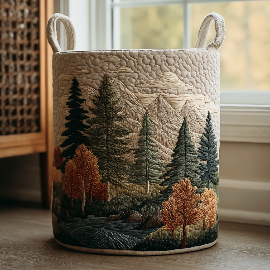 Cesto imbottito con montagne e bosco