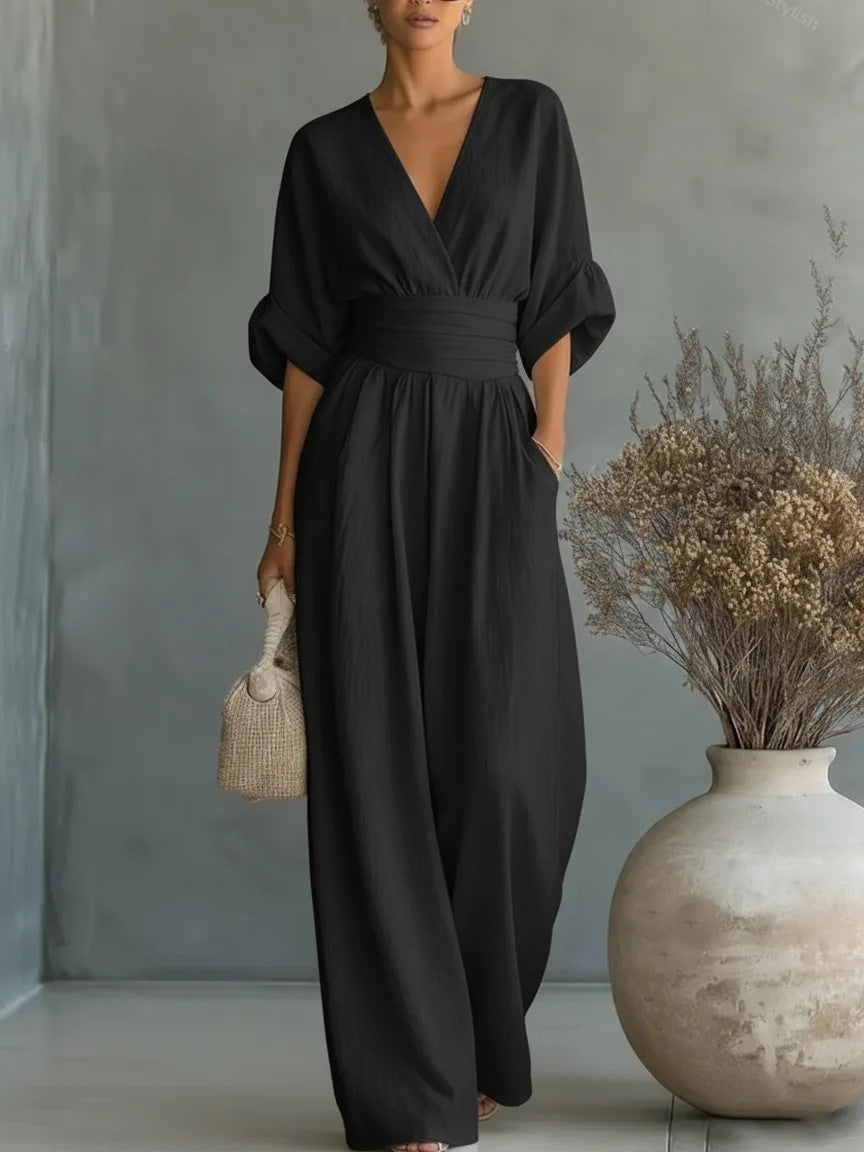 Abito Elegante a V, Schiena Nuda e Maniche Fluttuanti
