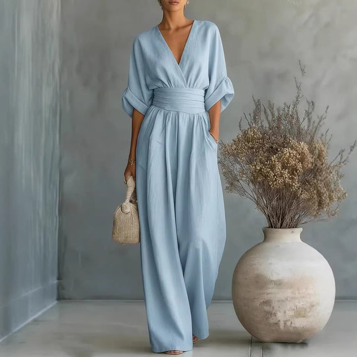 Abito Elegante a V, Schiena Nuda e Maniche Fluttuanti