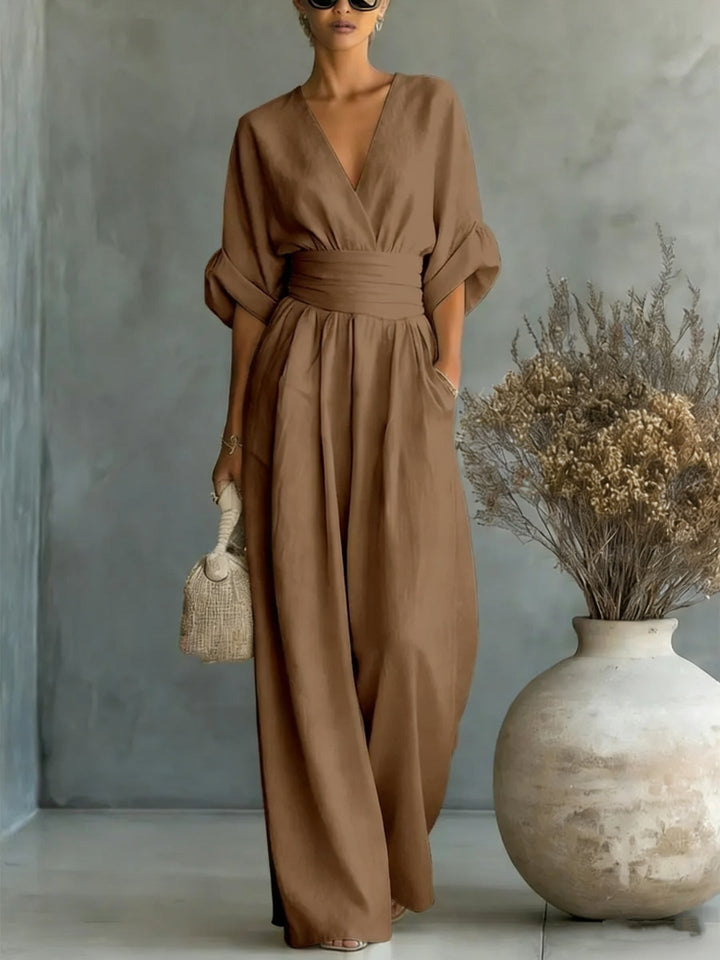 Abito Elegante a V, Schiena Nuda e Maniche Fluttuanti