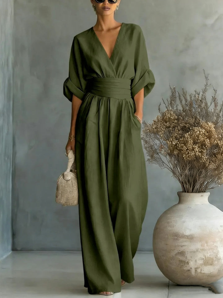 Abito Elegante a V, Schiena Nuda e Maniche Fluttuanti