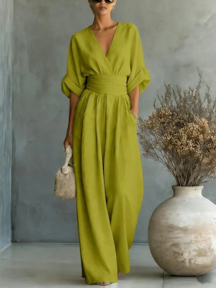 Abito Elegante a V, Schiena Nuda e Maniche Fluttuanti