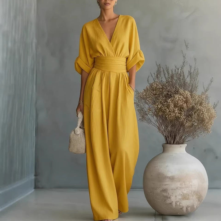 Abito Elegante a V, Schiena Nuda e Maniche Fluttuanti