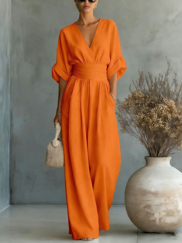 Abito Elegante a V, Schiena Nuda e Maniche Fluttuanti