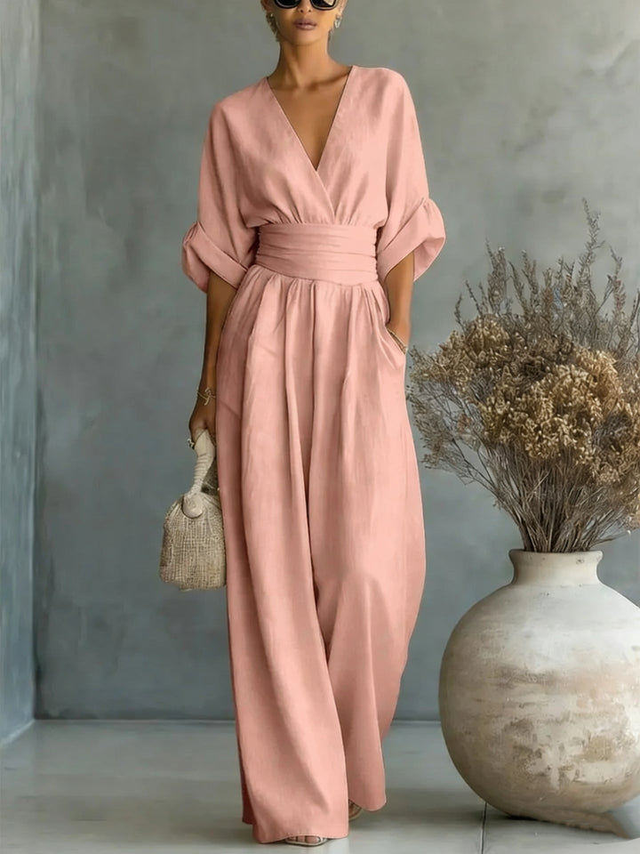 Abito Elegante a V, Schiena Nuda e Maniche Fluttuanti
