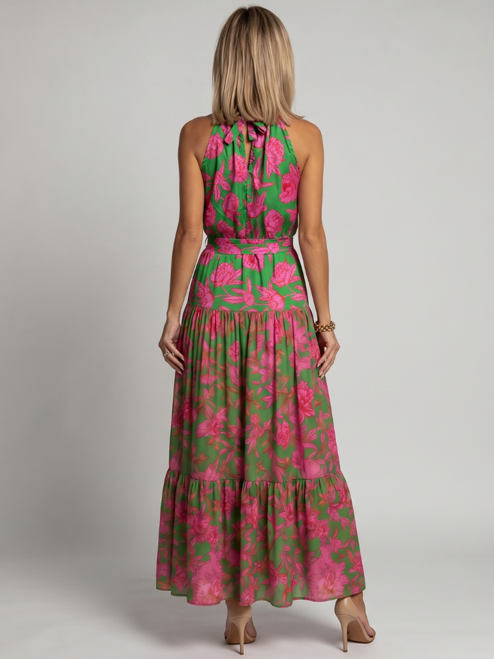 Abito midi drappeggiato in rosa con scollatura all&