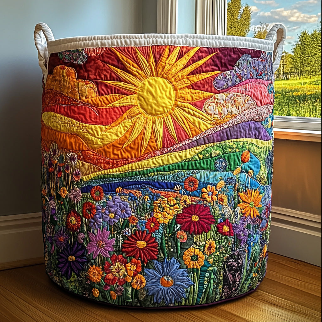 Cesto imbottito con sole su colline e fiori