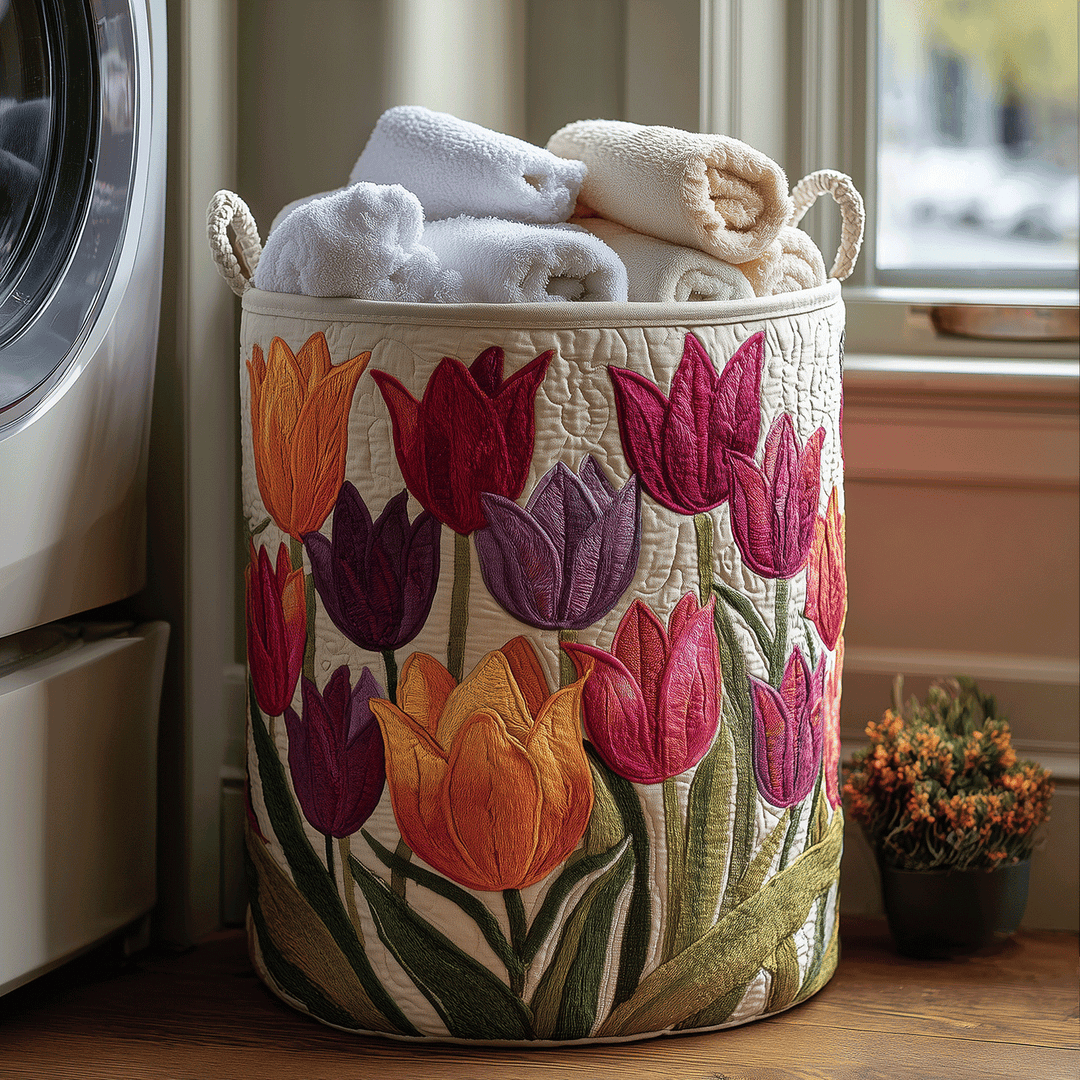 Cesto imbottito con tulipani in fiore