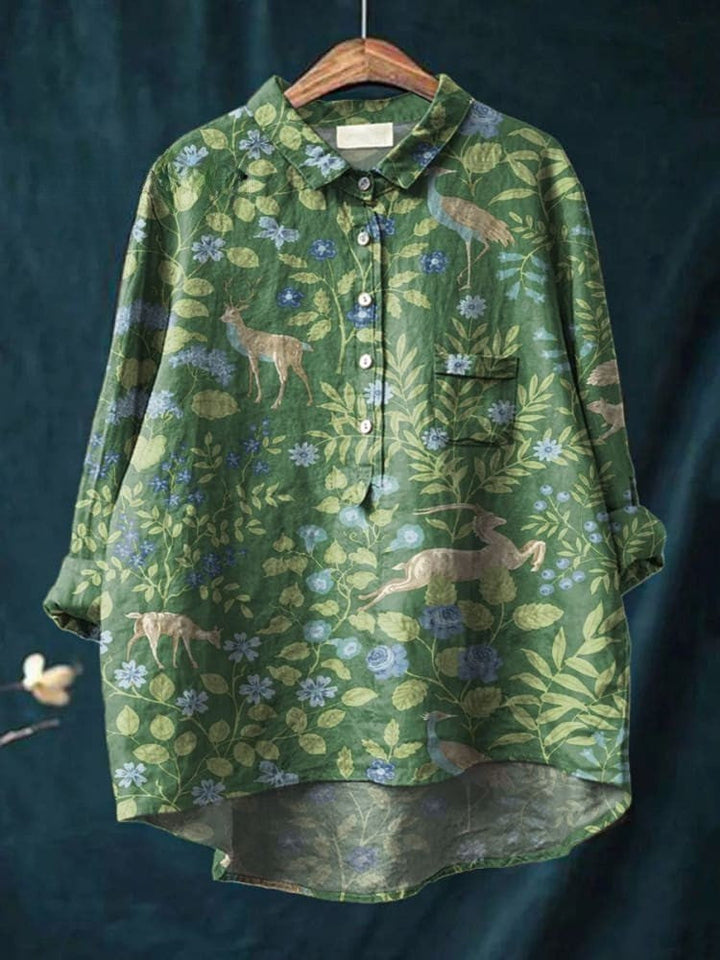 Dámská Vintage Květinová Zvířecí Umělecká Tisková Pohodlná Lněná Košile