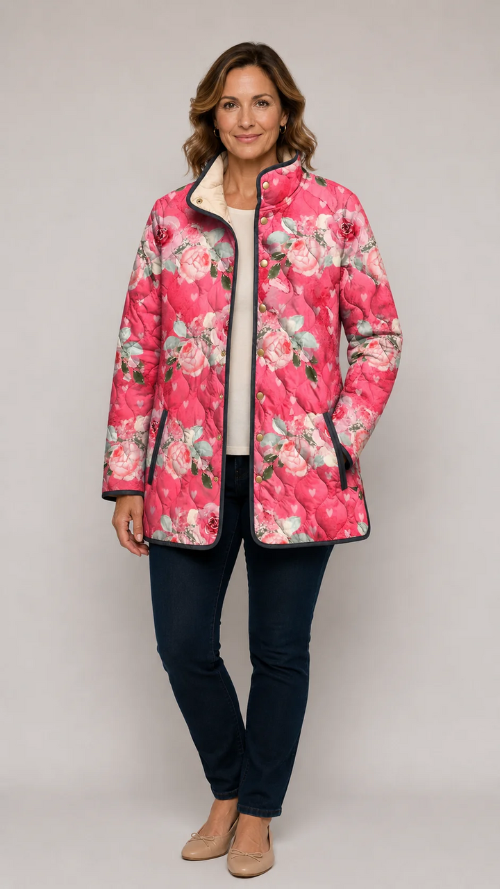 Freya | Giacca Trapuntata con Stampa Floreale Rosa Incantevole