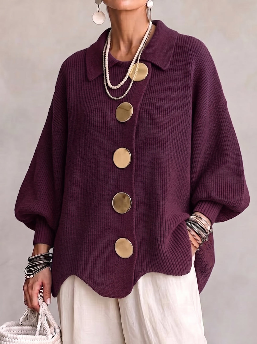 Isadora™ | Cardigan Oversize con Collo e Bottoni Metallici Grandi