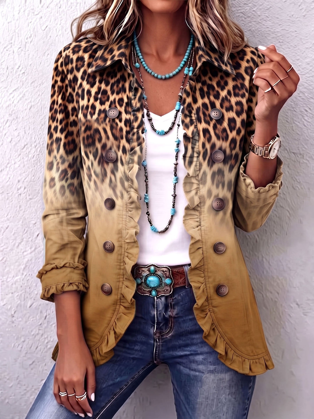 Reyes | Giacca Blazer Leopardo Ocre con Volant