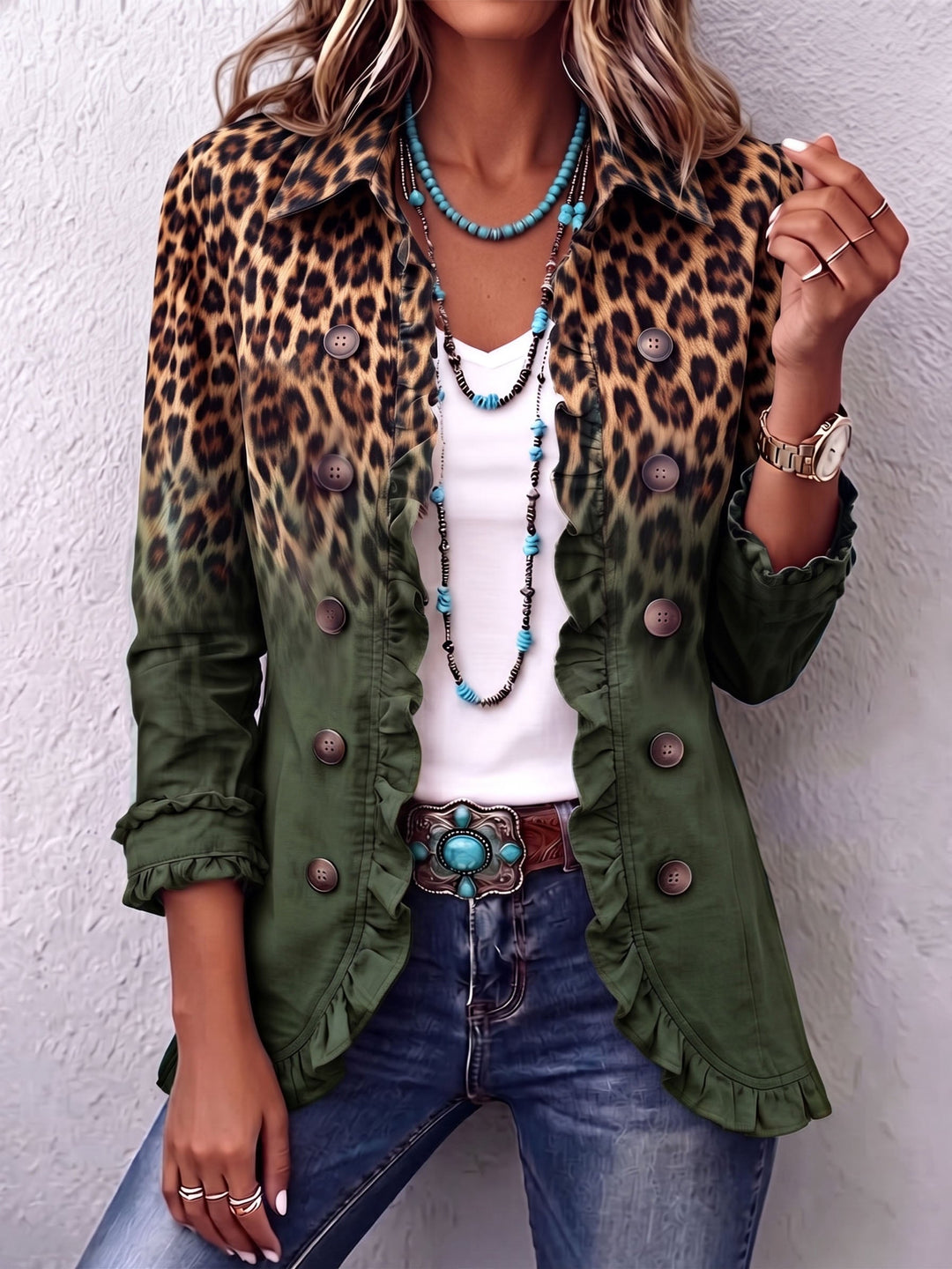 Ramona | Giacca Blazer Leopardo Verde con Volant